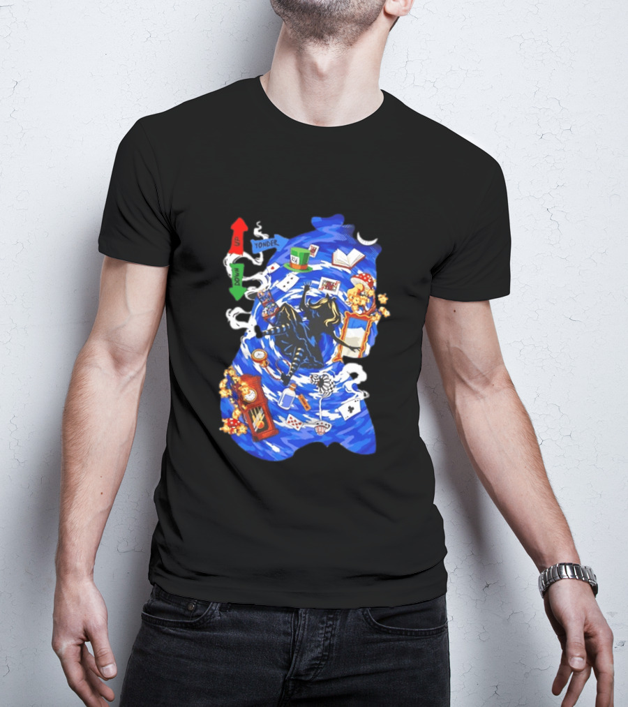 Alice In Wonderland Through The Rabbit Hole Down Yonder With Wonderland Icons And Vortex T-Shirt
