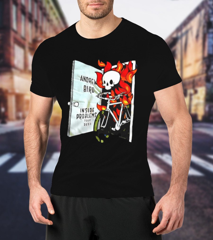 Andrew Bird Inside Problems Tour 2023 Flaming Skeleton On Bicycle T-Shirt