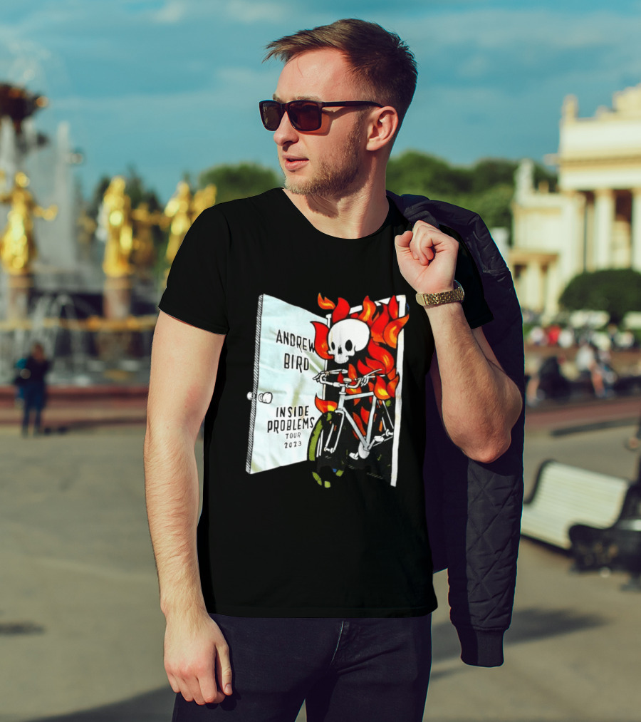 Andrew Bird Inside Problems Tour 2023 Flaming Skeleton On Bicycle T-Shirt