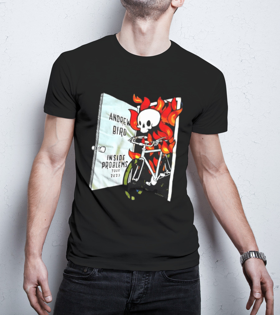 Andrew Bird Inside Problems Tour 2023 Flaming Skeleton On Bicycle T-Shirt