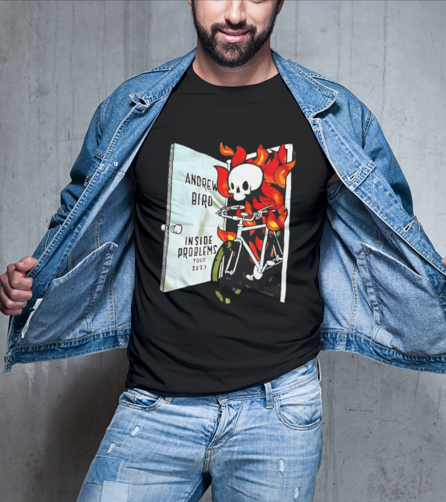 Andrew Bird Inside Problems Tour 2023 Flaming Skeleton On Bicycle T-Shirt