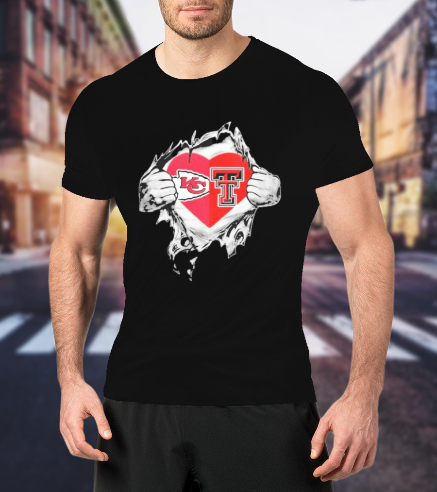 Chiefs Texas Tech Red Raiders Heart Emblem Torn Reveal T-Shirt