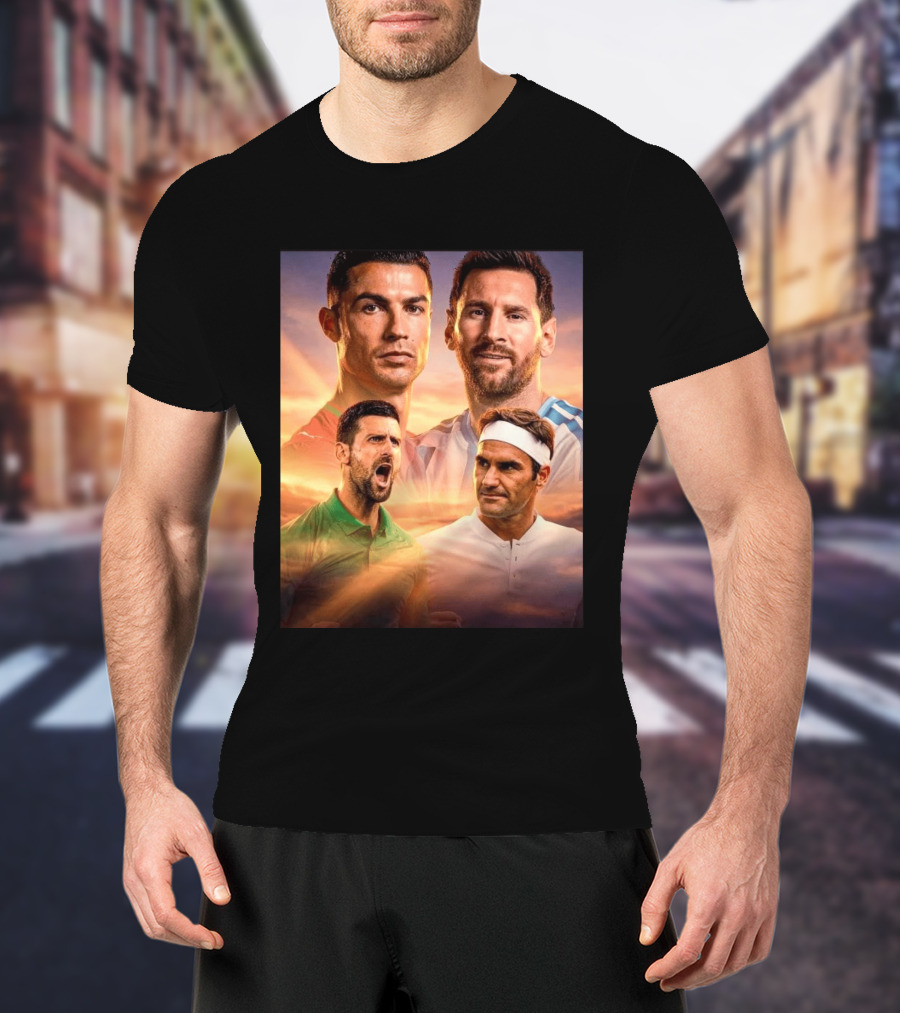 Cristiano Ronaldo Lionel Messi Novak Djokovic Roger Federer GOAT Sports Legends Celebrating Iconic Athletes T-Shirt