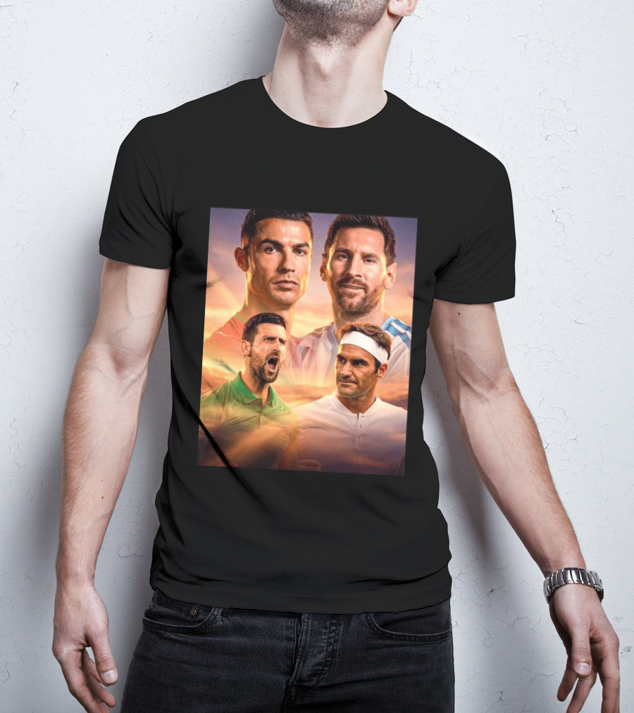 Cristiano Ronaldo Lionel Messi Novak Djokovic Roger Federer GOAT Sports Legends Celebrating Iconic Athletes T-Shirt