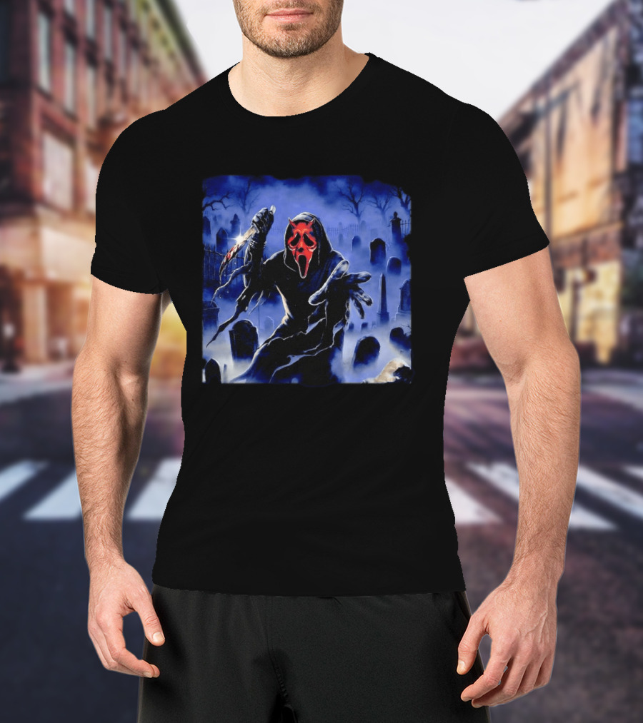 Ghostface Scream Devil Mask With Knife In Cemetery T-Shirt