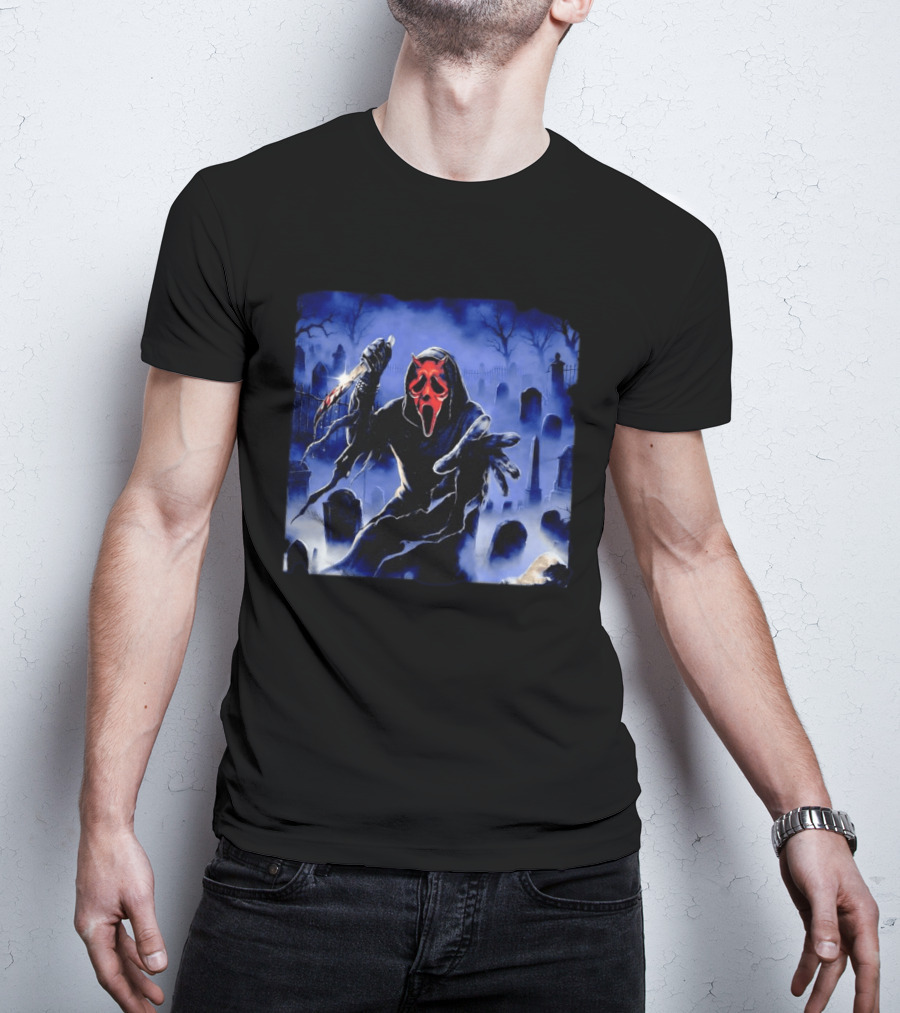 Ghostface Scream Devil Mask With Knife In Cemetery T-Shirt