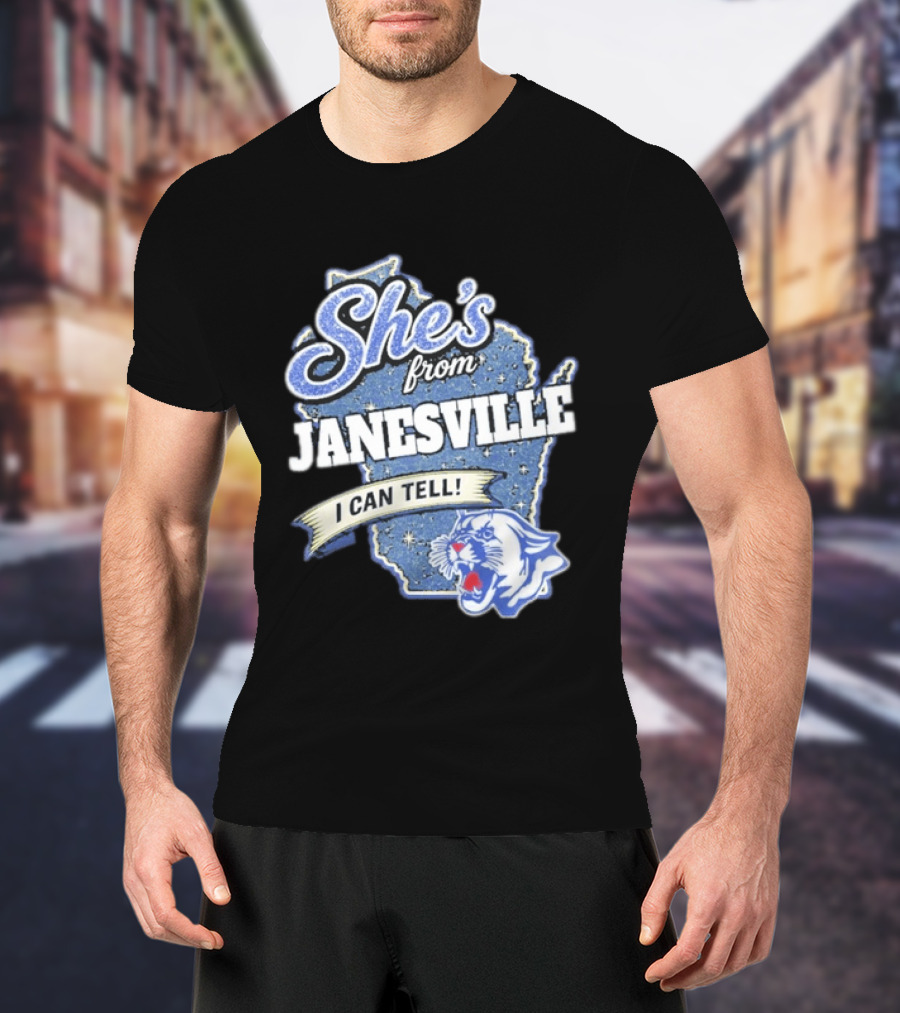 She's From Janesville I Can Tell With Wisconsin Map And Wildcat T-Shirt