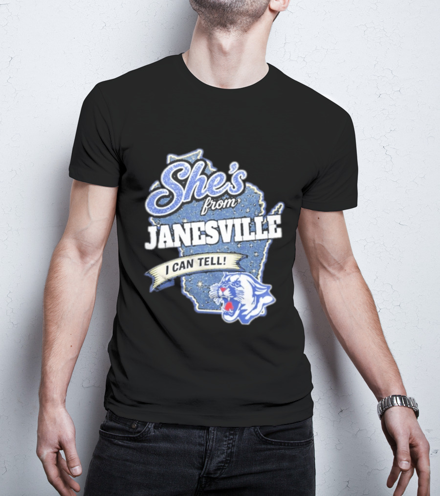 She's From Janesville I Can Tell With Wisconsin Map And Wildcat T-Shirt
