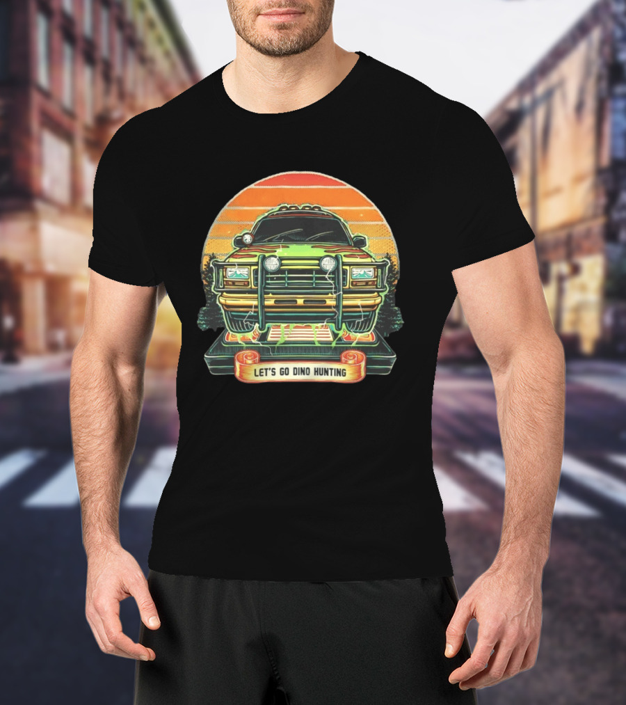Jurassic Park Let's Go Dino Hunting Adventure Off Road Vehicle Sunset Scene T-Shirt