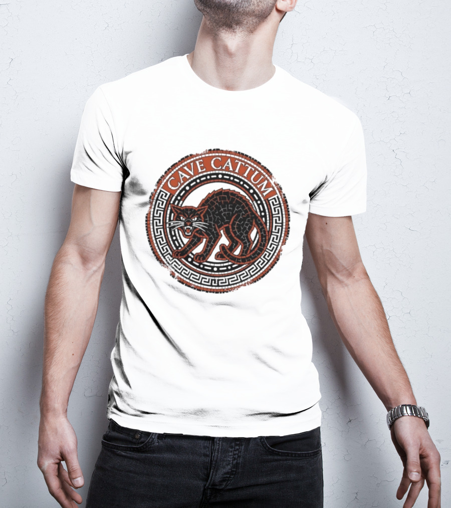 Cave Cattum Angry Cat Mosaic Roman Warning Sign T-Shirt