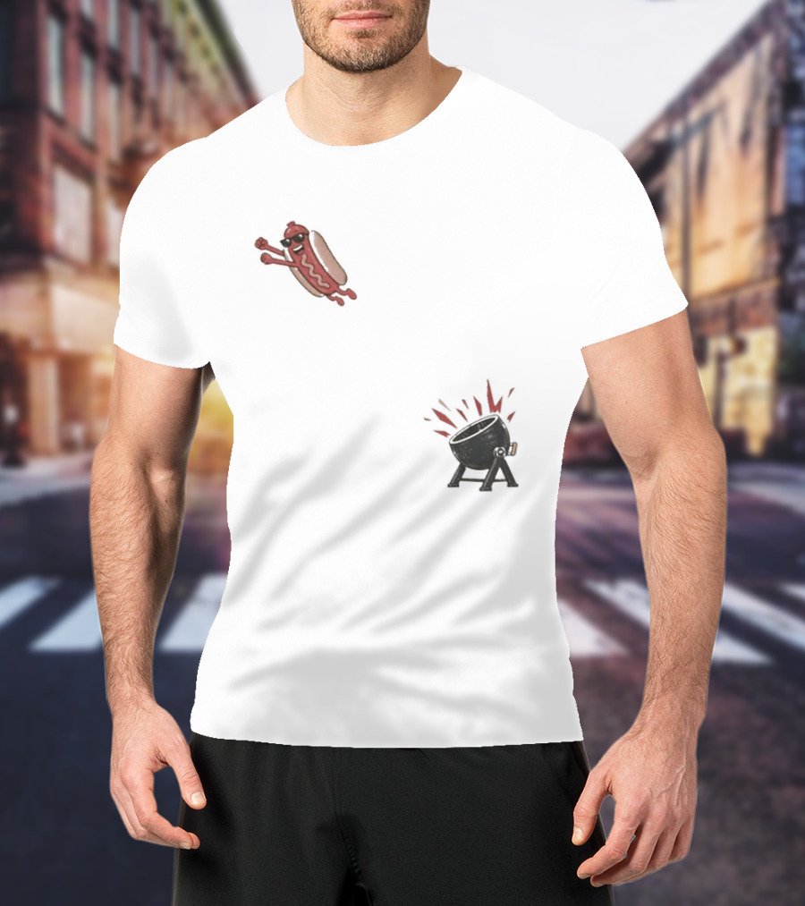 Hot Dog Jumping Into Grill Cartoon T-Shirt