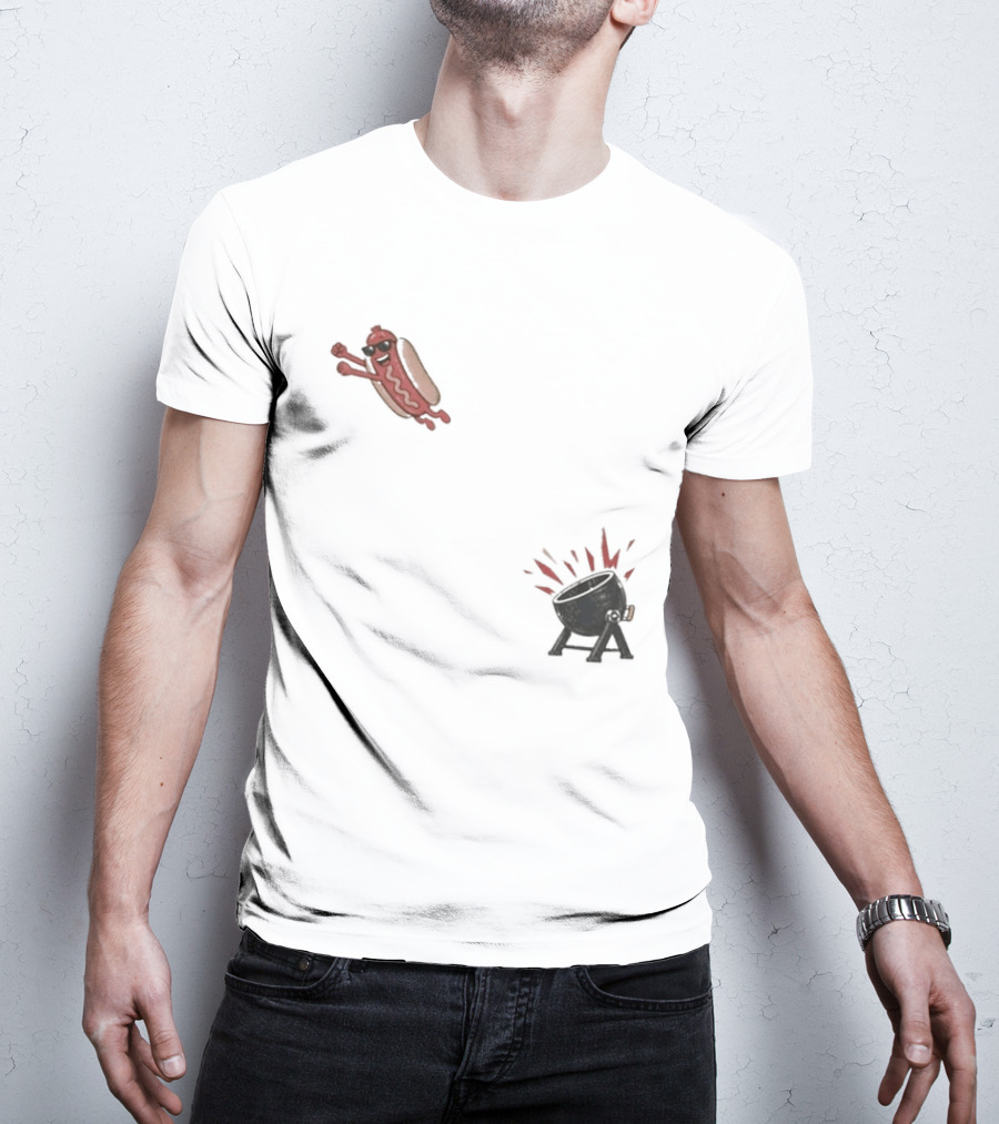 Hot Dog Jumping Into Grill Cartoon T-Shirt