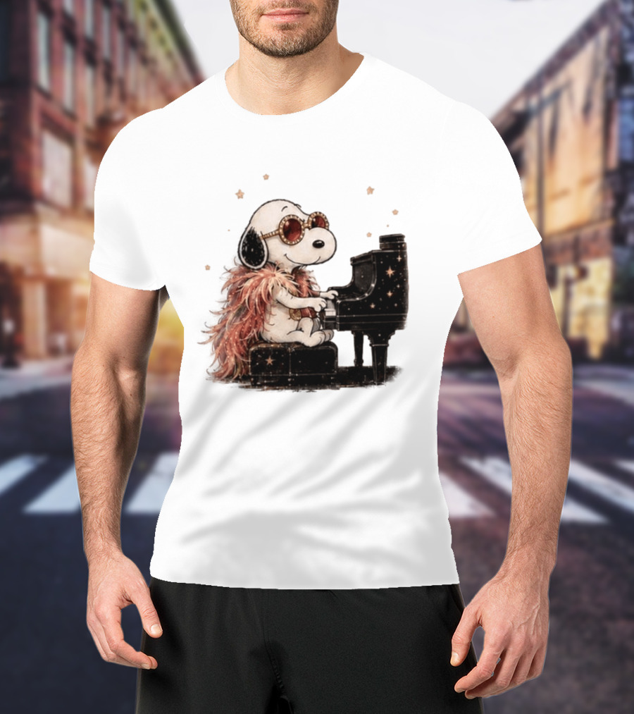 Snoopy Elton John Playing Piano Under Starry Nights T-Shirt