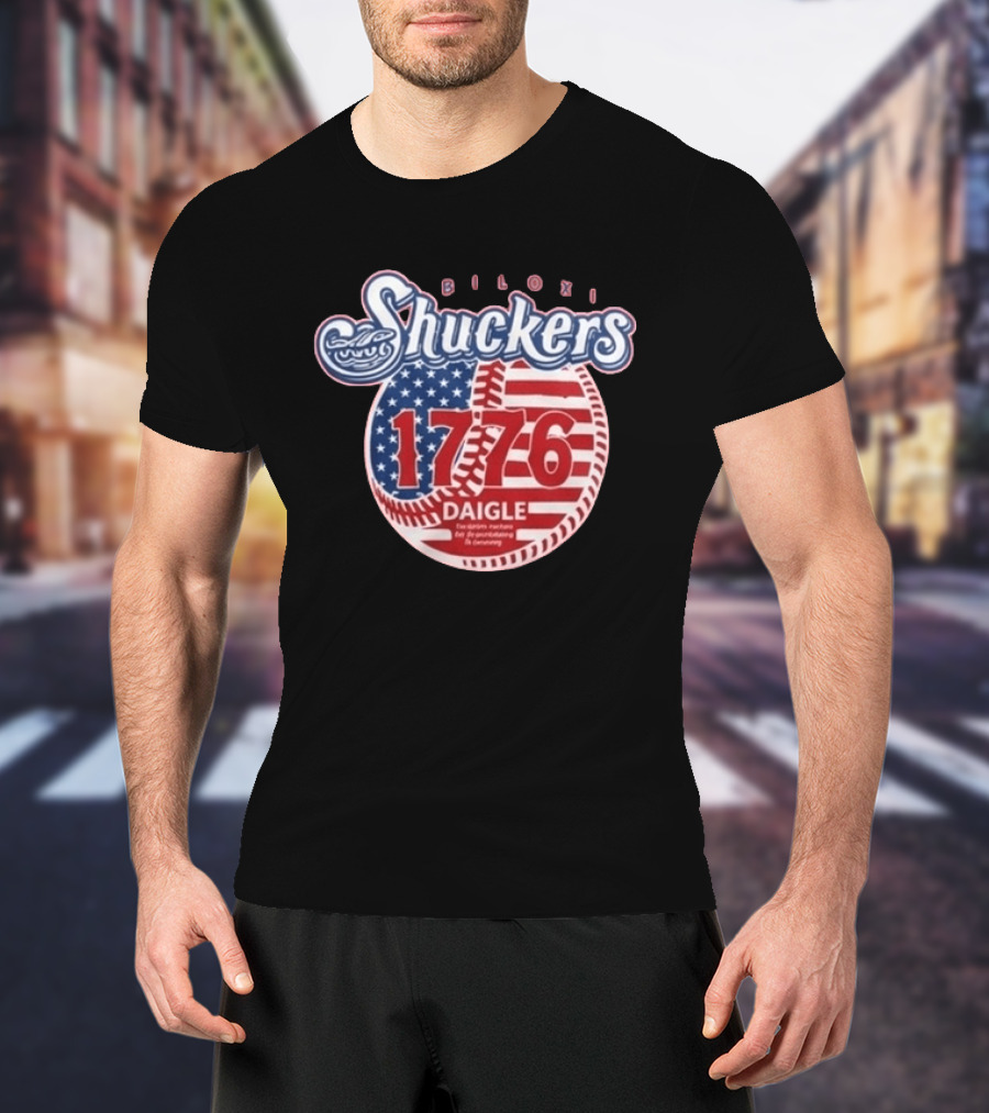 Biloxi Shuckers 1776 American Flag Baseball Daigle Text Stars Stripes T-Shirt