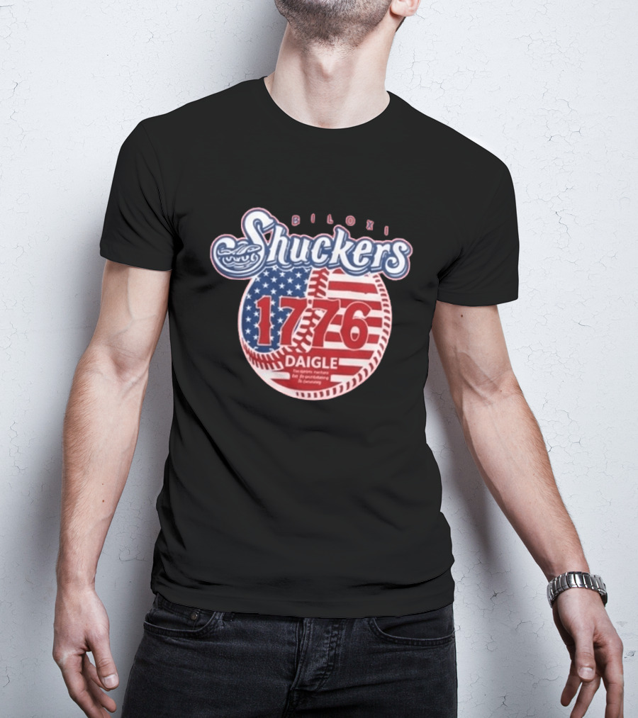 Biloxi Shuckers 1776 American Flag Baseball Daigle Text Stars Stripes T-Shirt