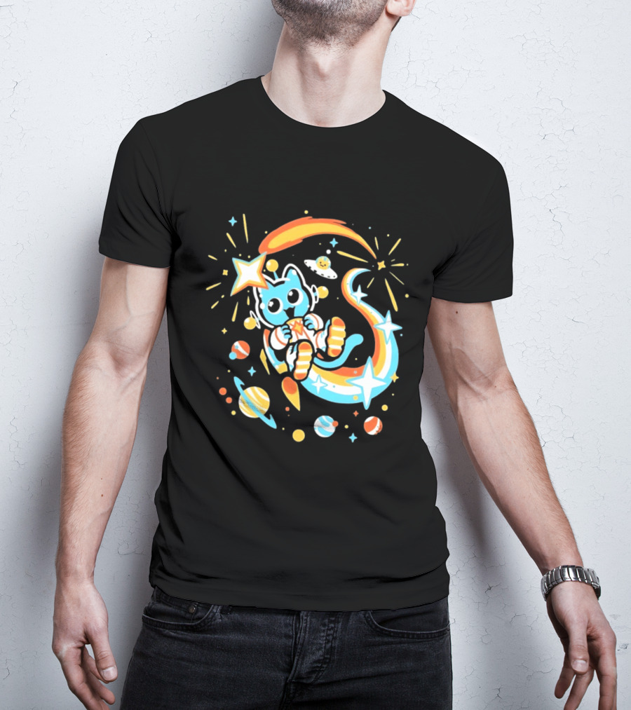Cosmic Cat Cosmonaut Adventure In Stardust Space With Planets And Shooting Stars T-Shirt