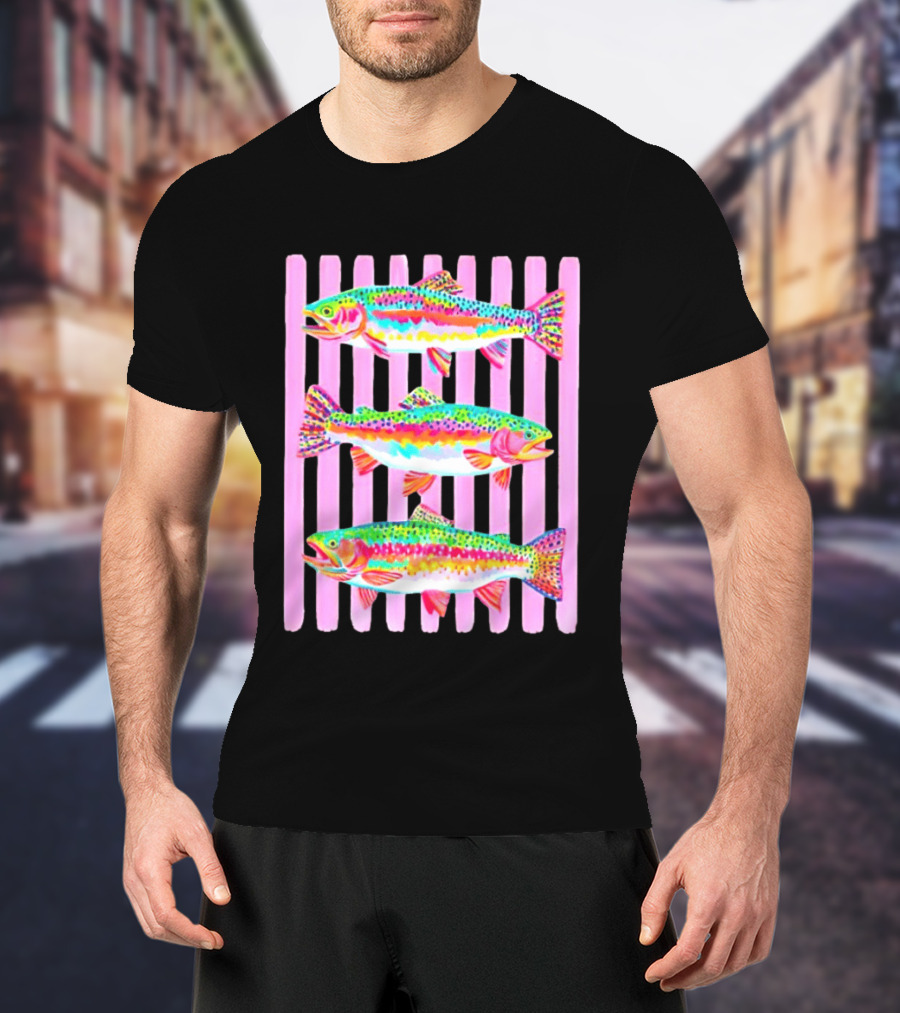 Rainbow Trout Fish Three Swimming Pink Vertical Striped T-Shirt
