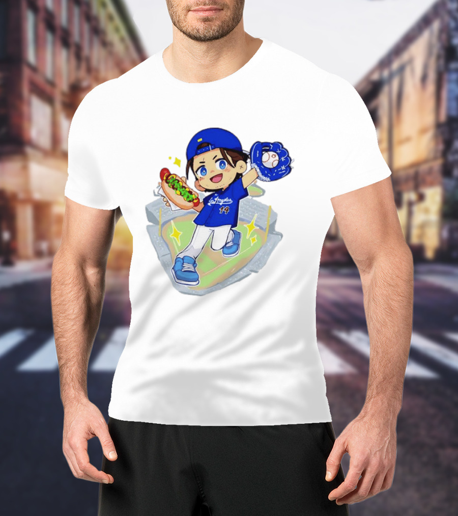 Enrique Hernandez Los Angeles Dodgers 14 Cartoon Style Baseball Glove And Hot Dog T-Shirt