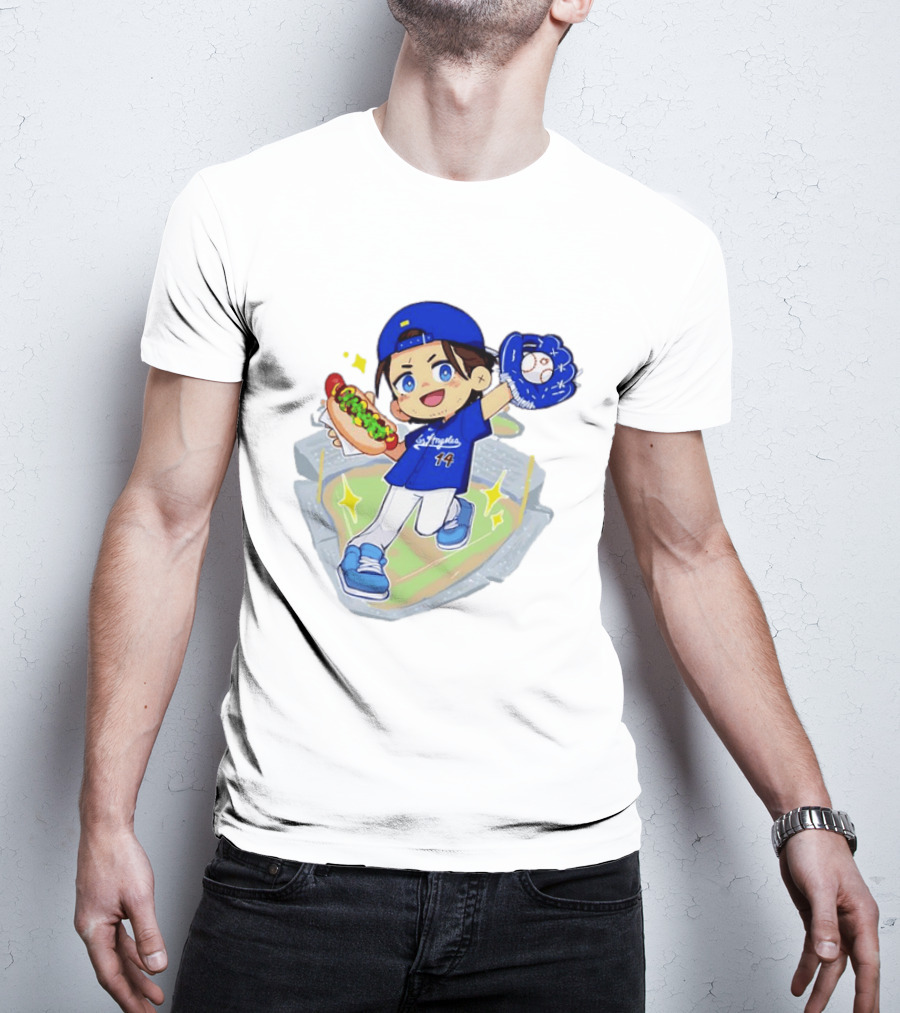 Enrique Hernandez Los Angeles Dodgers 14 Cartoon Style Baseball Glove And Hot Dog T-Shirt