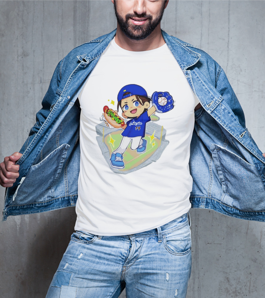 Enrique Hernandez Los Angeles Dodgers 14 Cartoon Style Baseball Glove And Hot Dog T-Shirt