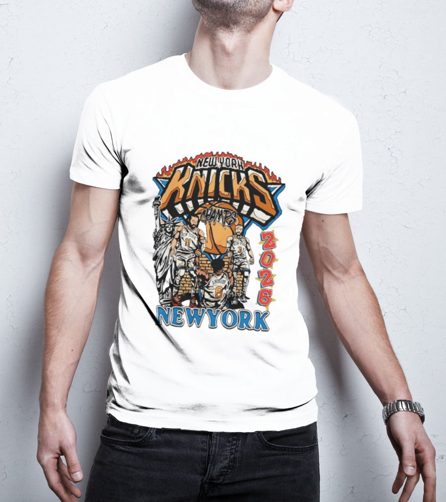 New York Knicks 2026 Champs Jalen Brunson OG Anunoby Josh Hart Statue Of Liberty T-Shirt