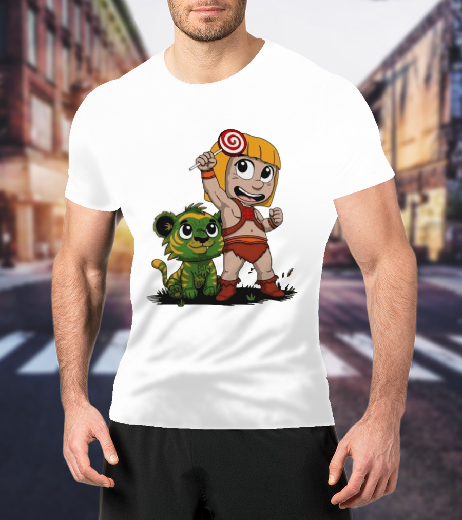 Master Of Kindergarten He Man Chibi With Tiger And Lollipop T-Shirt