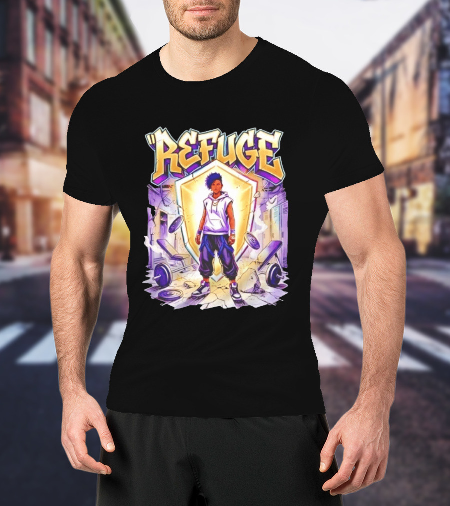 Refuge Strength God Shield Manga Style Weightlifting Motif T-Shirt