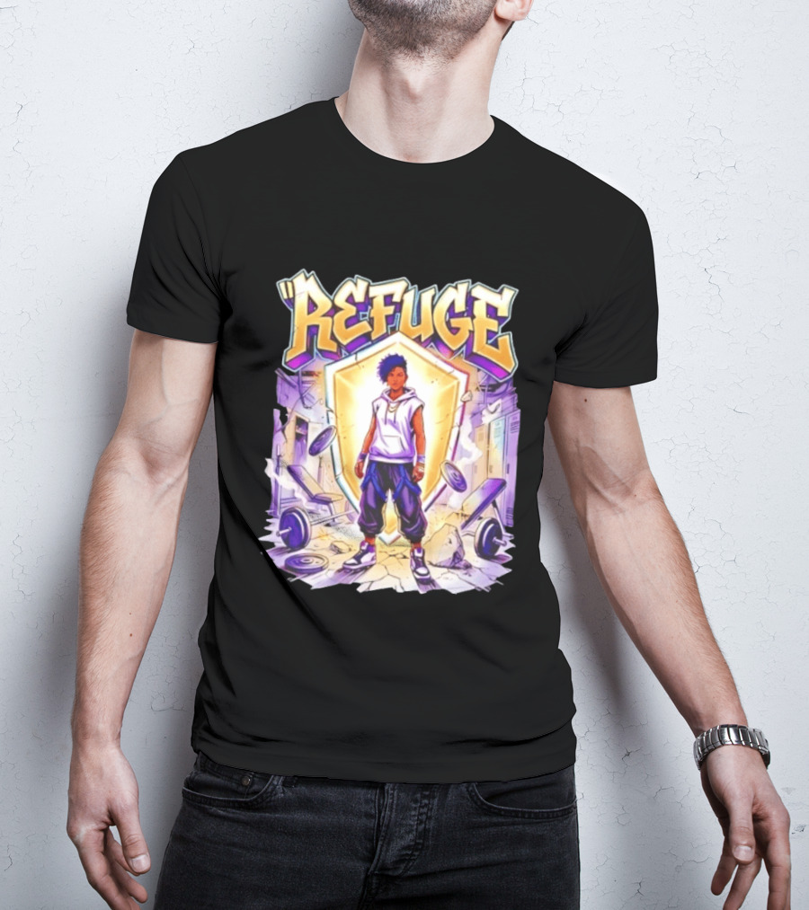 Refuge Strength God Shield Manga Style Weightlifting Motif T-Shirt