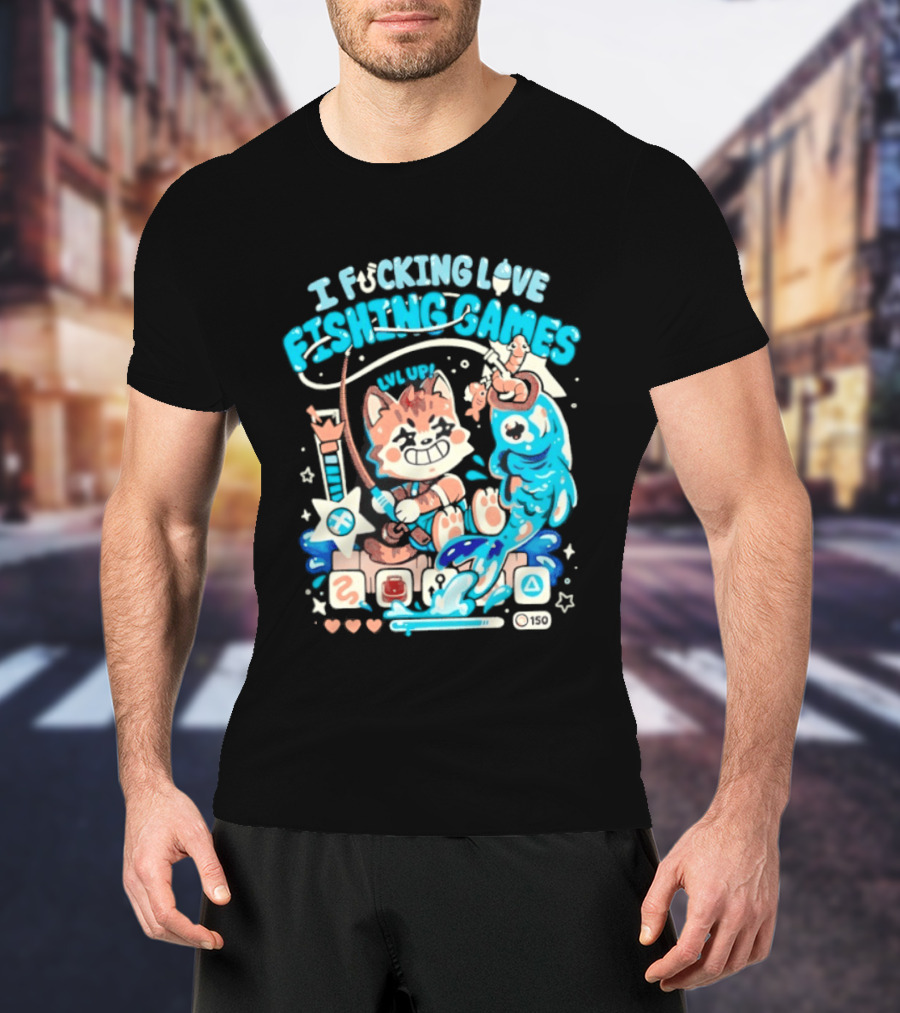 I Fucking Love Fishing Games XP Splash Cute Cat With Fish And Hearts T-Shirt