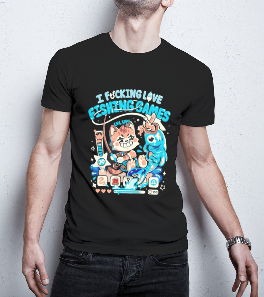 I Fucking Love Fishing Games XP Splash Cute Cat With Fish And Hearts T-Shirt