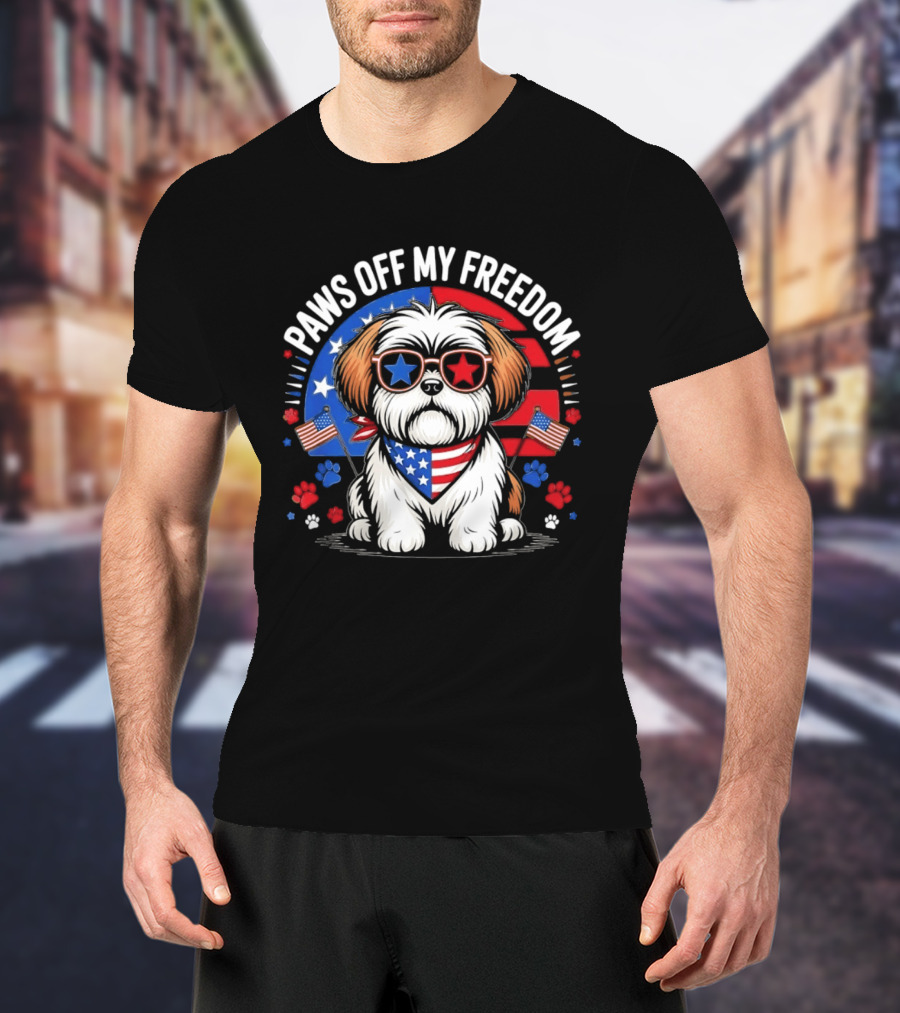 Paws Off My Freedom Shih Tzu American Flag Sunglasses Stars And Stripes T-Shirt