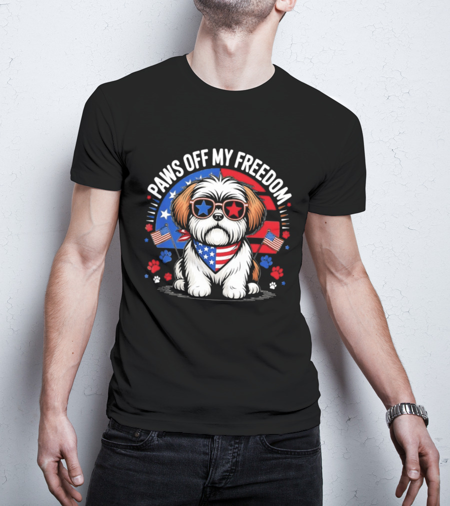 Paws Off My Freedom Shih Tzu American Flag Sunglasses Stars And Stripes T-Shirt