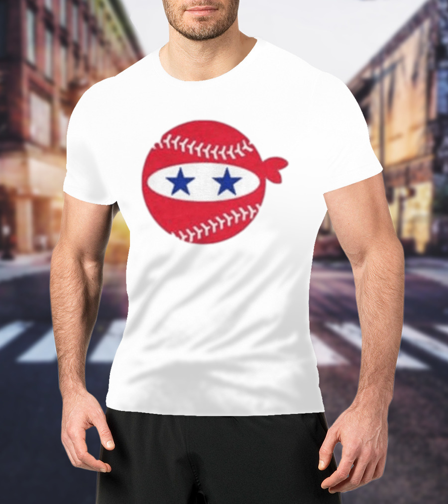 Pitching Ninja Baseball Two Blue Stars Red Baseball Stitches T-Shirt