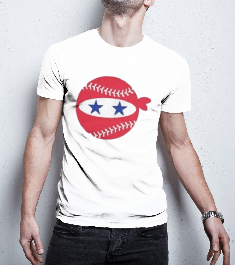 Pitching Ninja Baseball Two Blue Stars Red Baseball Stitches T-Shirt