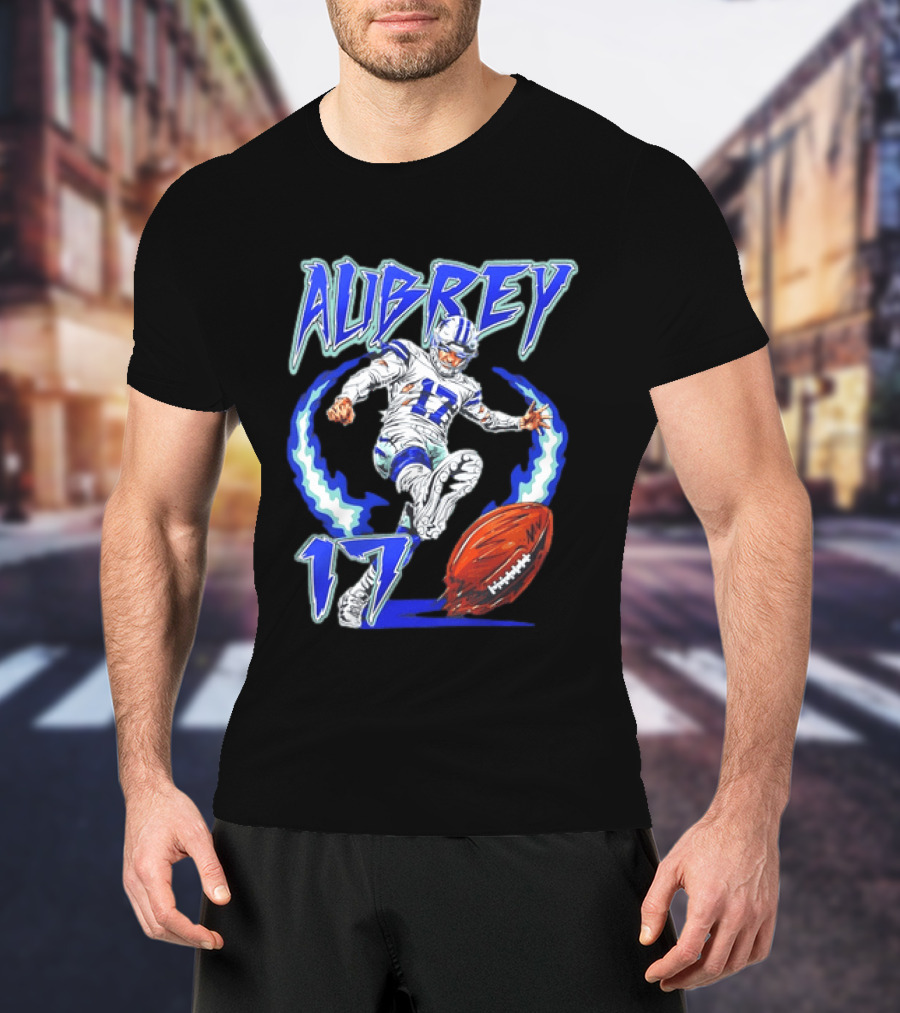Aubrey 17 Dallas Football Player Kicking With Blue Lightning T-Shirt