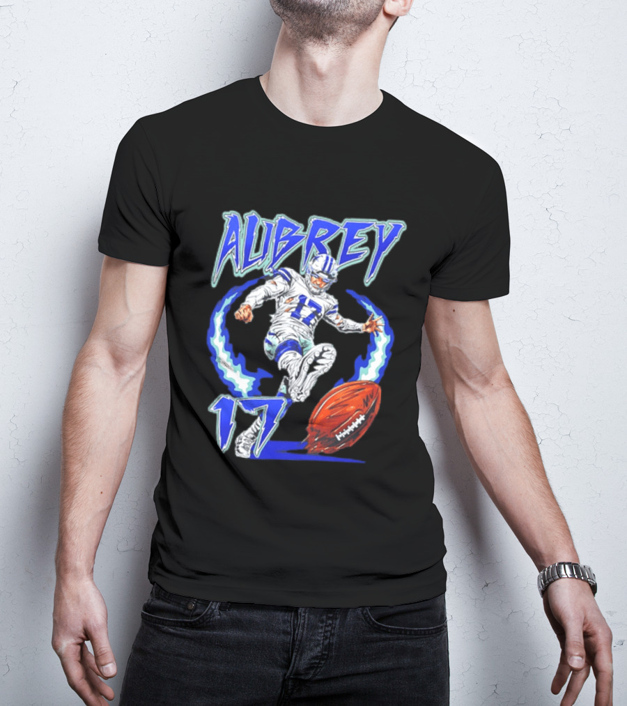 Aubrey 17 Dallas Football Player Kicking With Blue Lightning T-Shirt