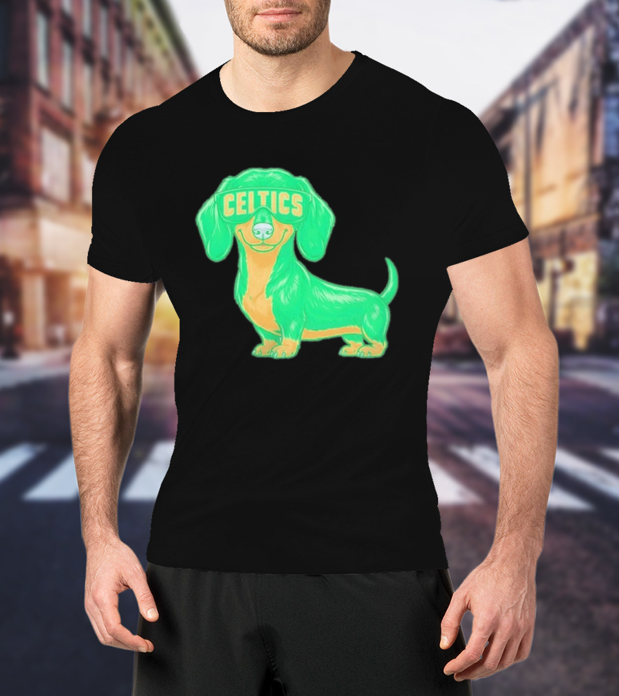 Boston Celtics Dachshund Cartoon Glasses T-Shirt