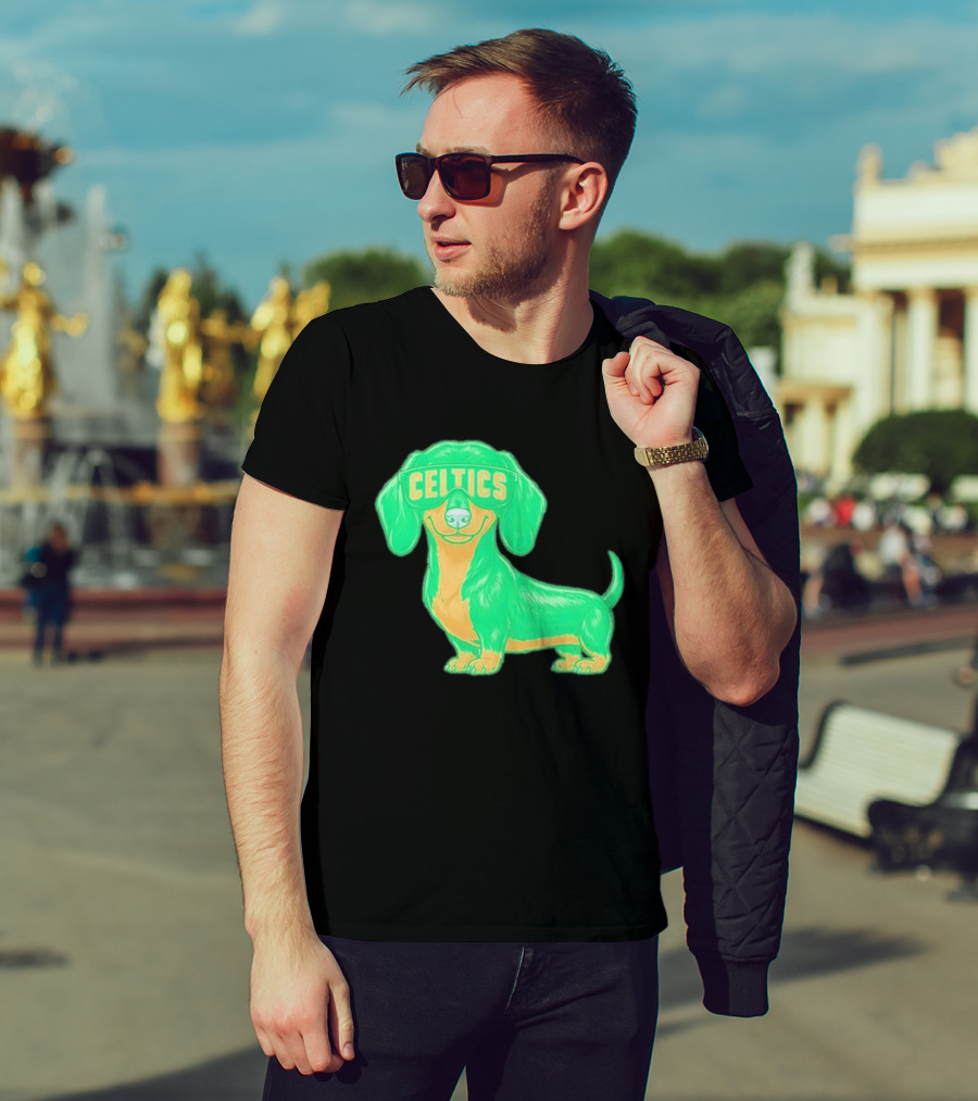 Boston Celtics Dachshund Cartoon Glasses T-Shirt