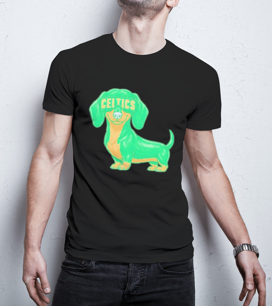 Boston Celtics Dachshund Cartoon Glasses T-Shirt
