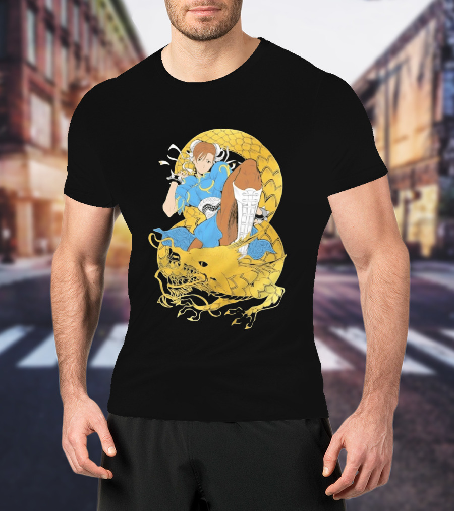Chun Li Gold Dragon Kick Fighter Blue Outfit Gold Dragon T-Shirt