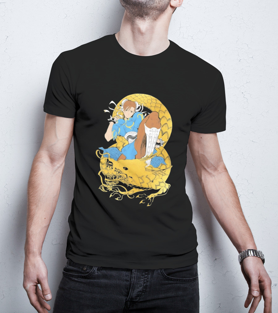 Chun Li Gold Dragon Kick Fighter Blue Outfit Gold Dragon T-Shirt