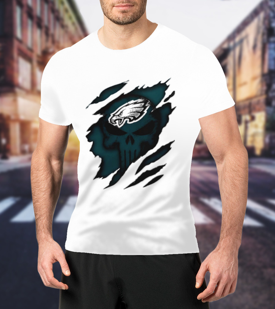 Philadelphia Eagles Punisher Skull Ripped Effect NFL Team Merchandise T-Shirt