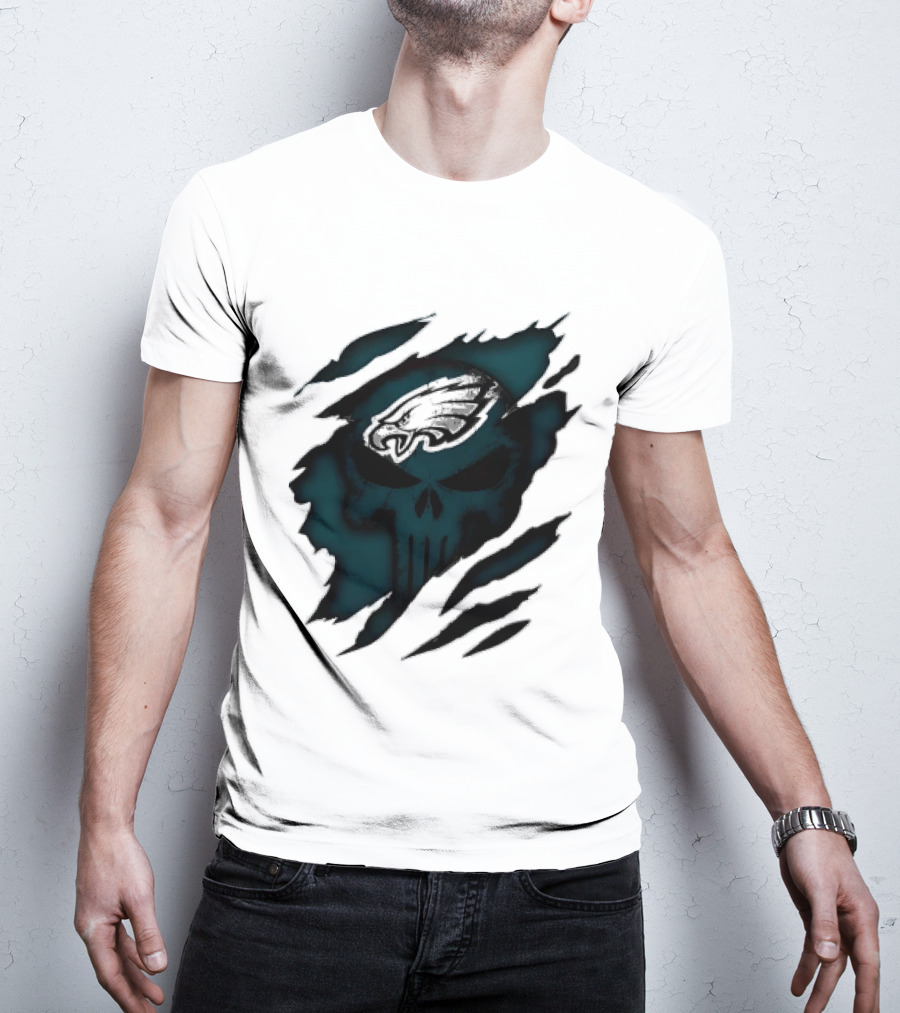 Philadelphia Eagles Punisher Skull Ripped Effect NFL Team Merchandise T-Shirt