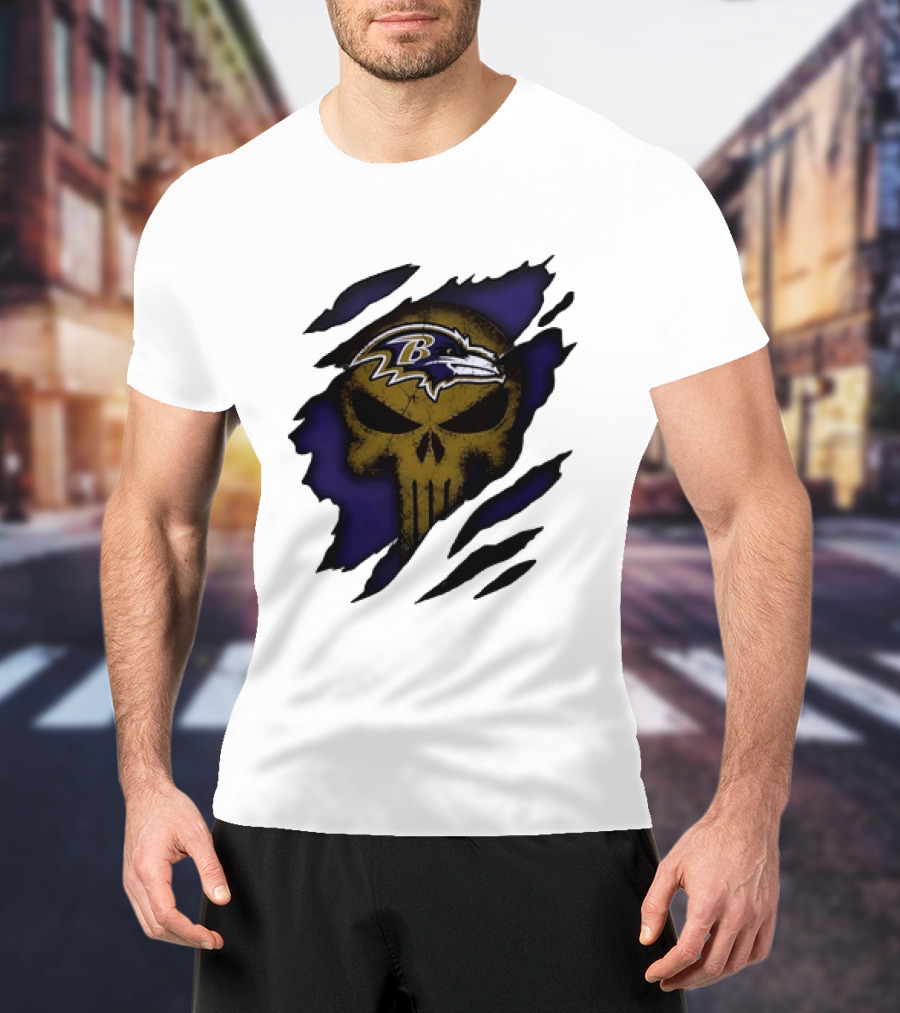 Baltimore Ravens Punisher Skull Torn Effect Fan Gear T-Shirt