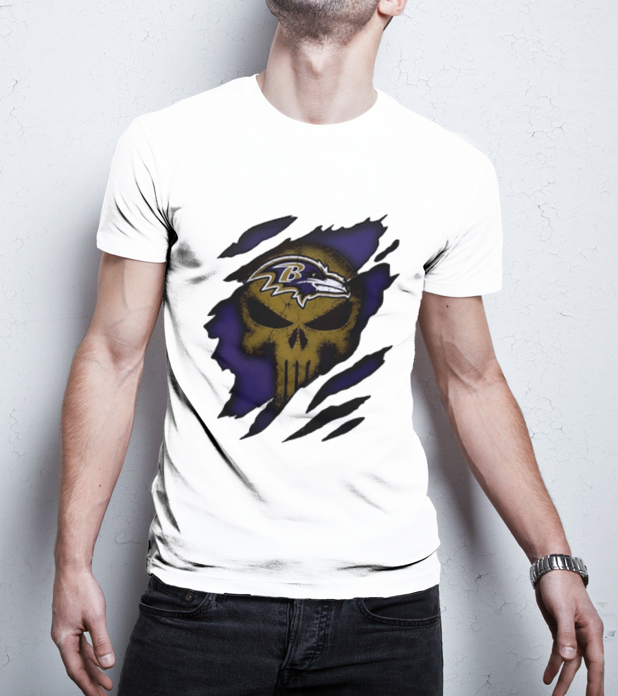 Baltimore Ravens Punisher Skull Torn Effect Fan Gear T-Shirt