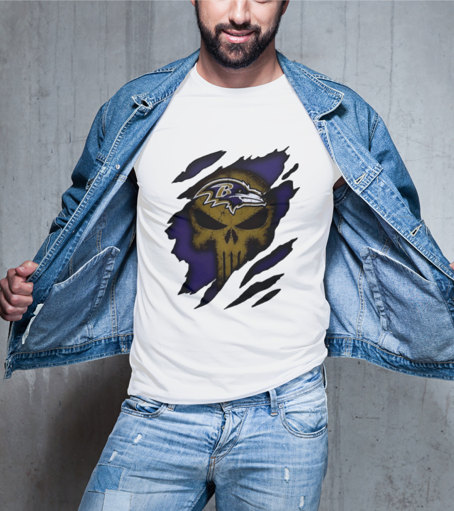 Baltimore Ravens Punisher Skull Torn Effect Fan Gear T-Shirt