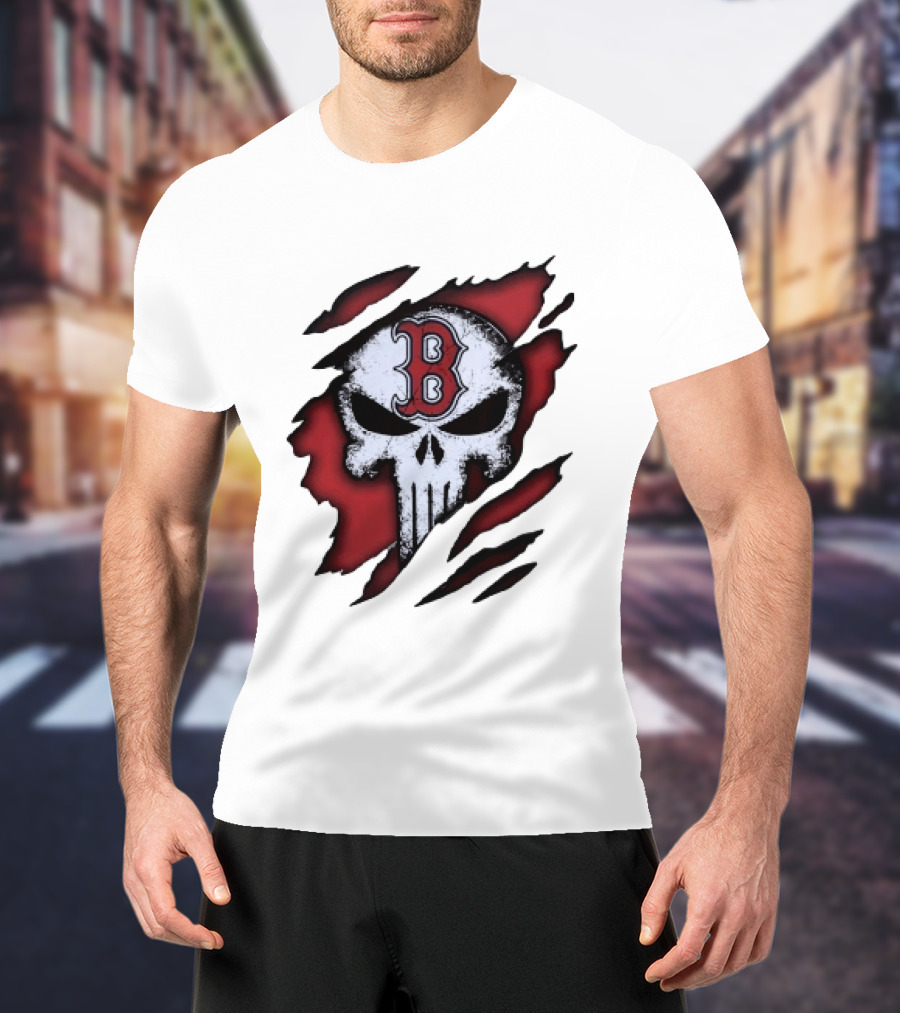 Boston Red Sox Skull Punisher Shredded Effect T-Shirt