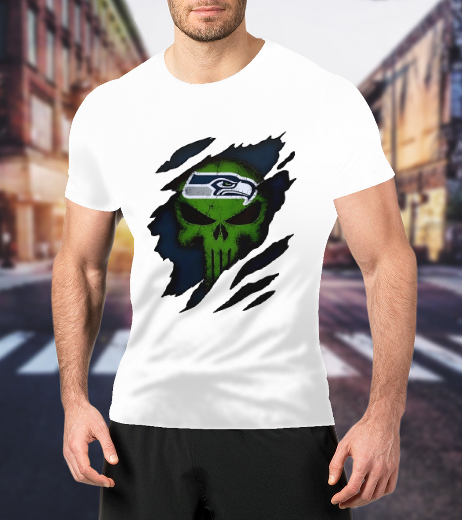 Seattle Seahawks Punisher Skull Ripped Fabric T-Shirt