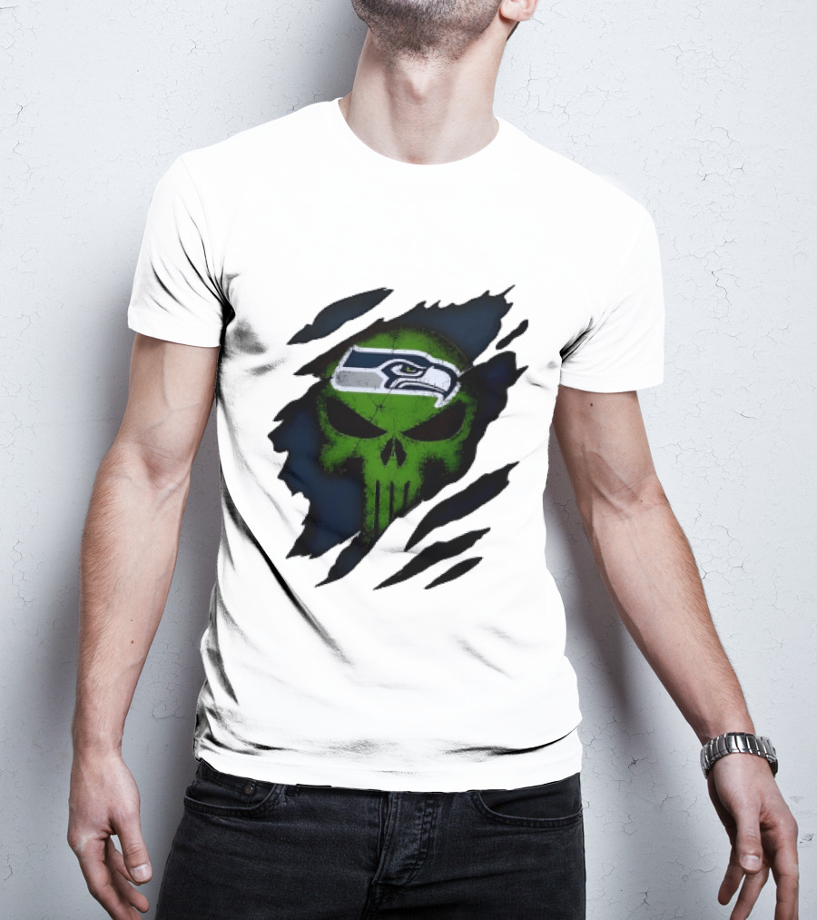 Seattle Seahawks Punisher Skull Ripped Fabric T-Shirt