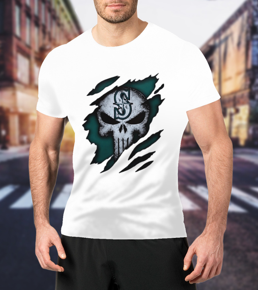 Seattle Mariners Punisher Skull Grunge Tear Effect T-Shirt